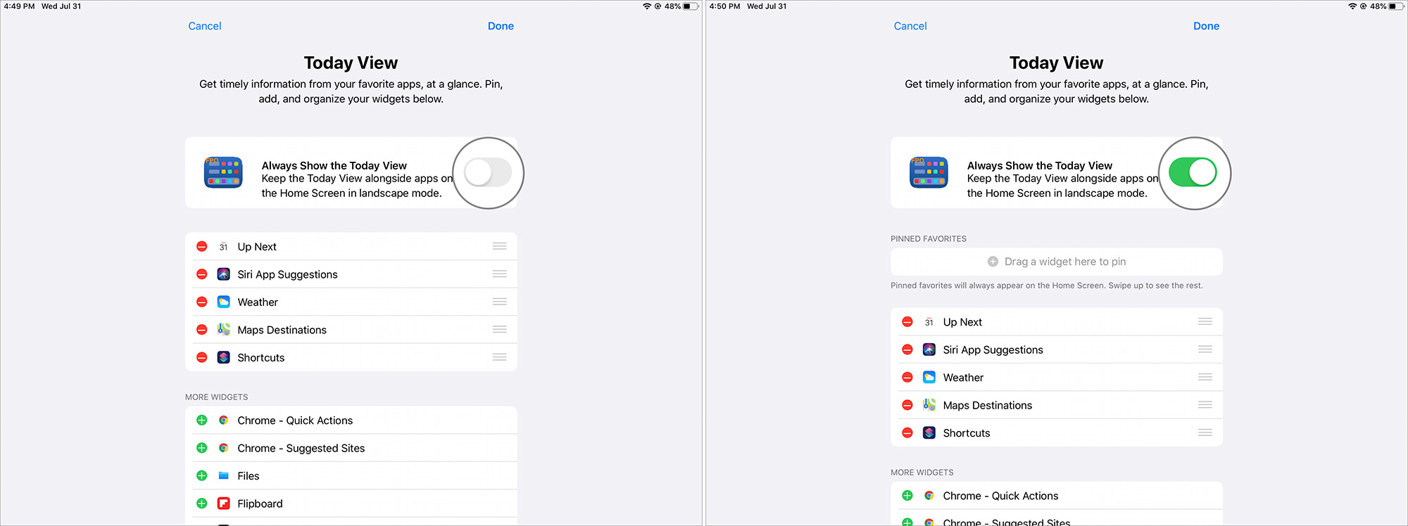 Nyalakan Tampilan Hari Ini, Tetap Nyalakan Layar Beranda di iPad