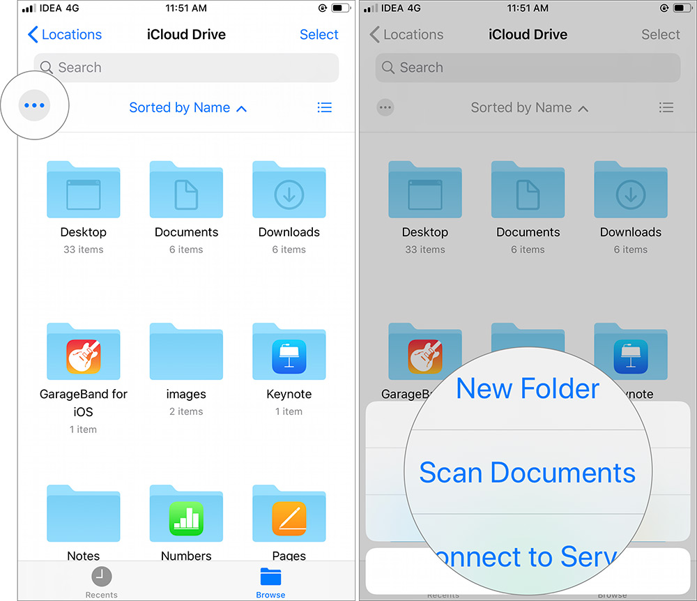 Ketuk ikon elipsis dan Pilih Pindai Dokumen di Aplikasi File iOS 13