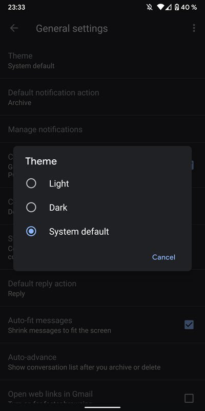 Android Gmail Dark Theme