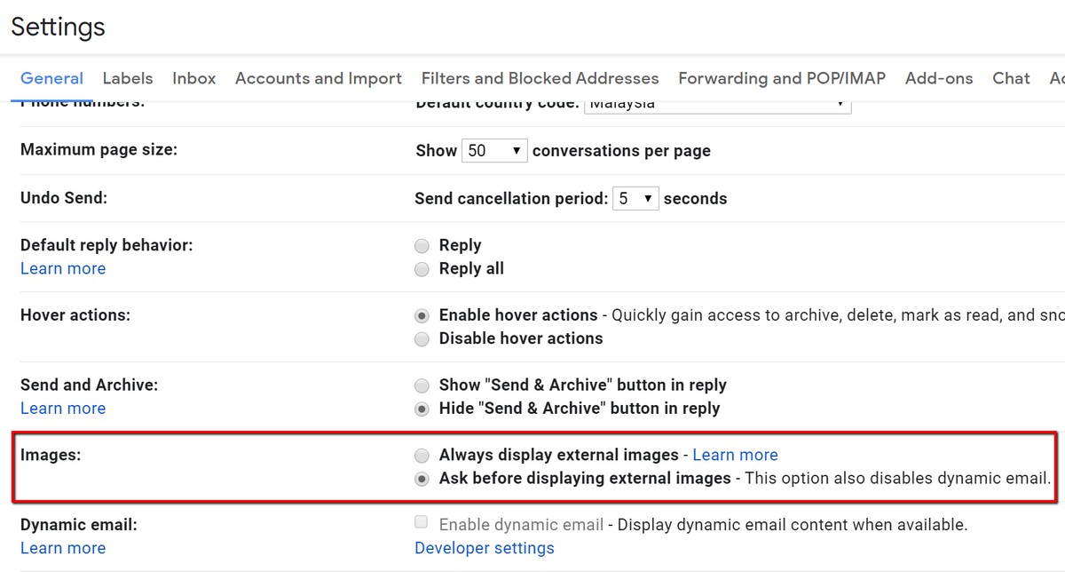 Cara memblokir pemuatan gambar di Gmail