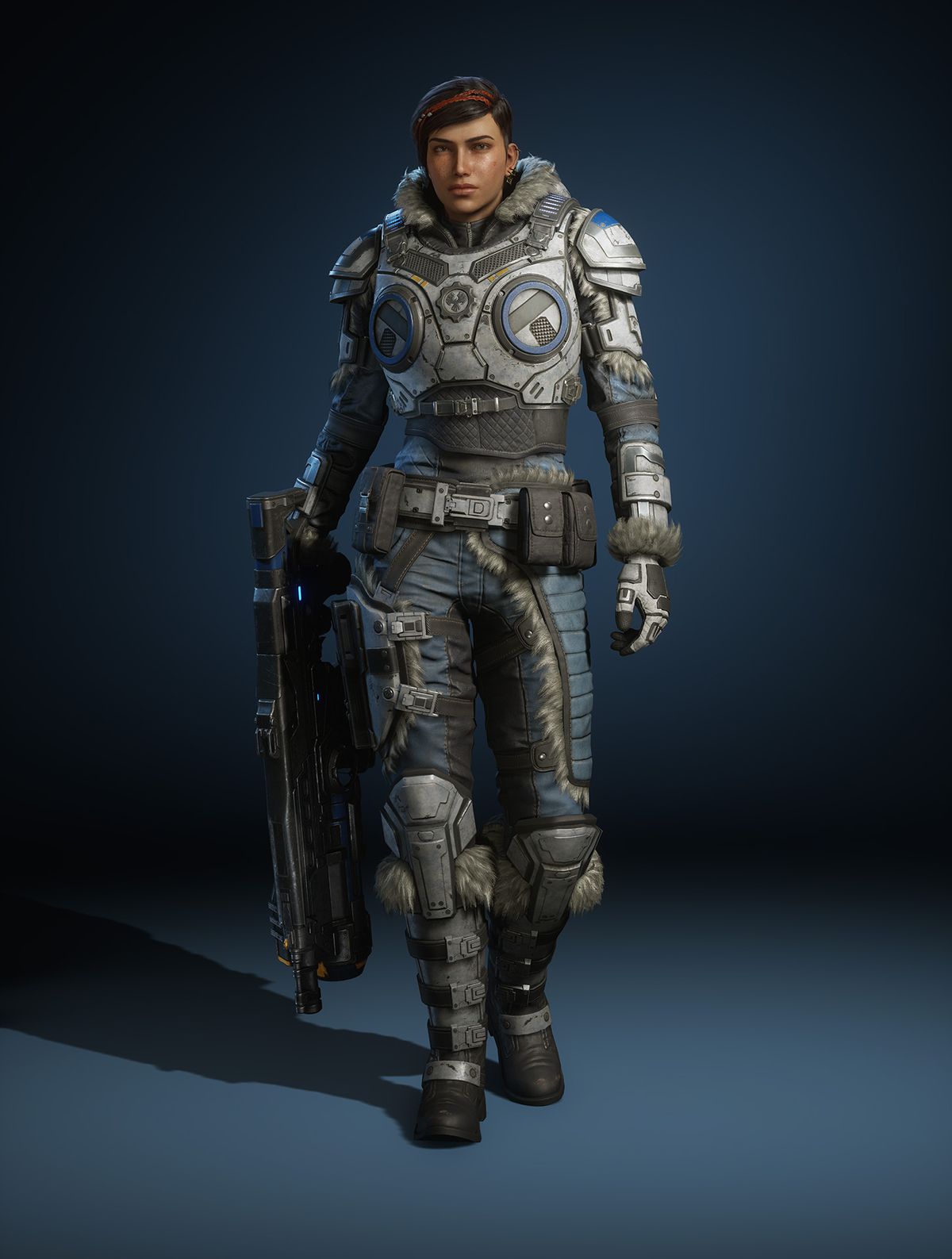 membuat karakter Gears 5 Kait Diaz dalam pakaian musim dingin memegang pistol di sisinya