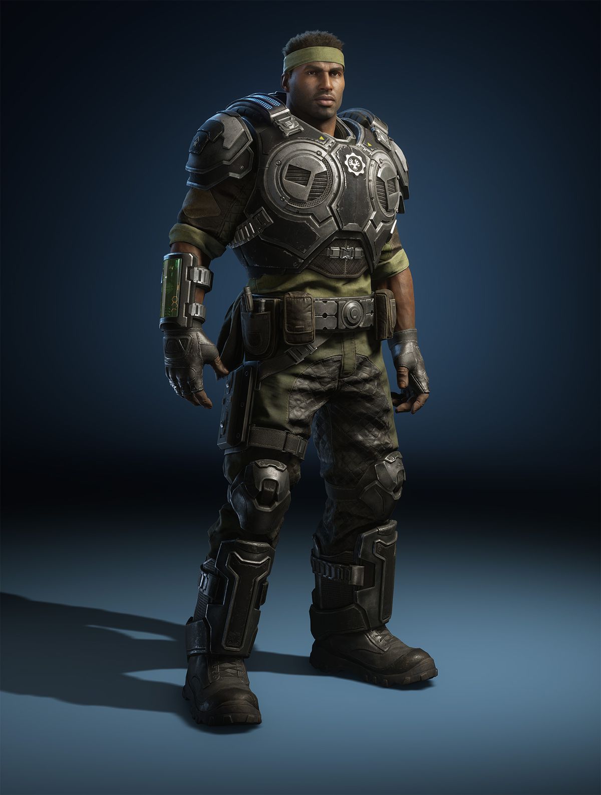 membuat karakter Gears 5 Del Walker mengenakan baju perang militer