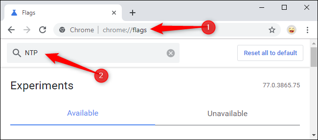 Mencari bendera NTP di laman Bendera Chrome.
