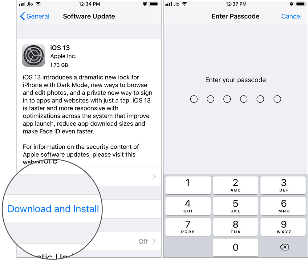 Ketuk Unduh dan Instal untuk Memperbarui iOS 13 di iPhone