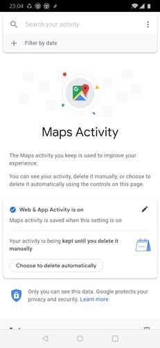 Página de atividade do Google Mpas