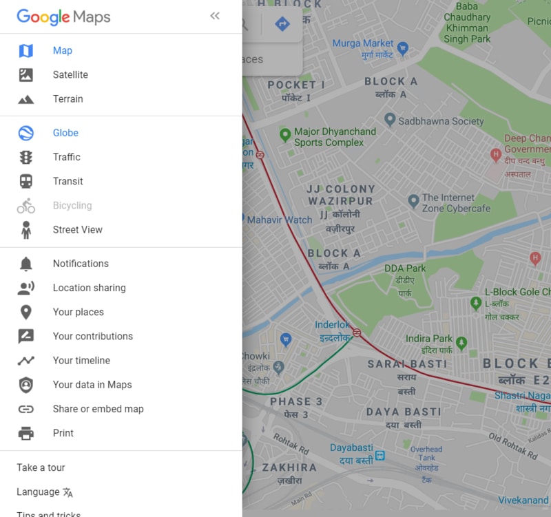 Daftar menu Google Maps