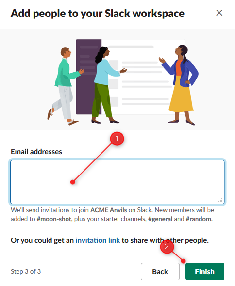 Opsi untuk memasukkan alamat email orang yang akan diundang, dan tombol Selesai.