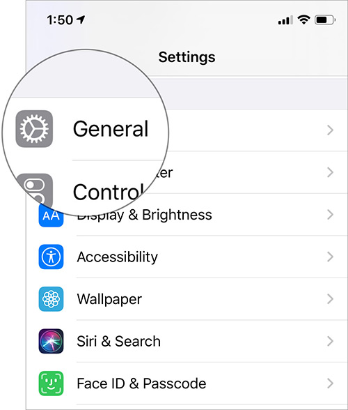 Nhấn Chung trong Cài đặt trên iPhone 11 Pro Max