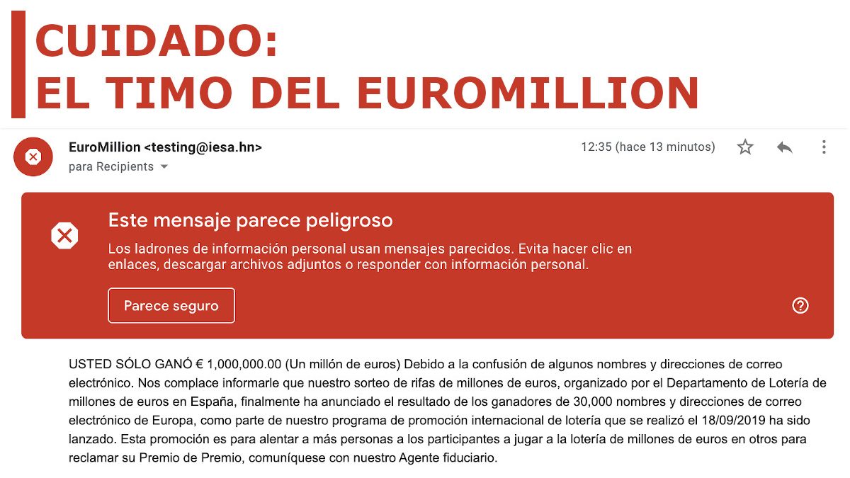 Waspadalah terhadap email ini dari EuroMillion di mana mereka memberi selamat kepada Anda karena menghasilkan satu juta euro