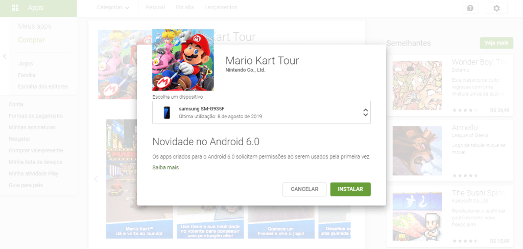 Menginstal Mario Kart Tour di perangkat Android.