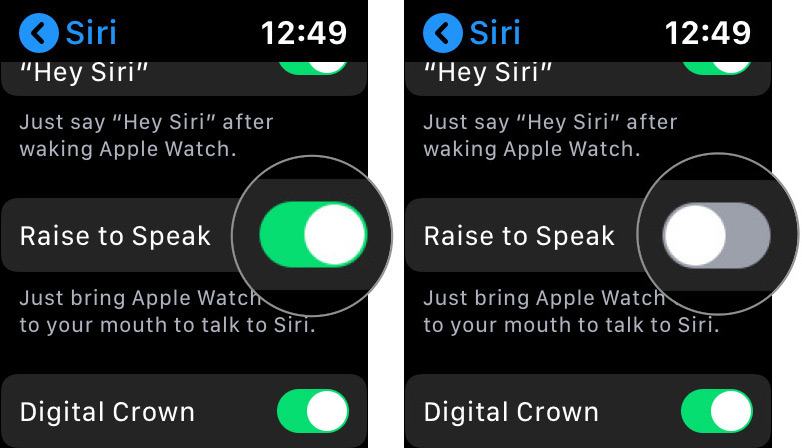 Matikan Naikkan untuk Berbicara untuk Siri aktif Apple Watch