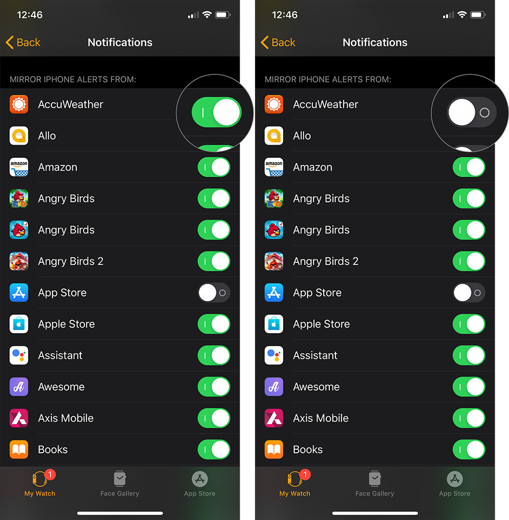 Nonaktifkan pemberitahuan dari aplikasi pihak ketiga yang aktif Apple Watch