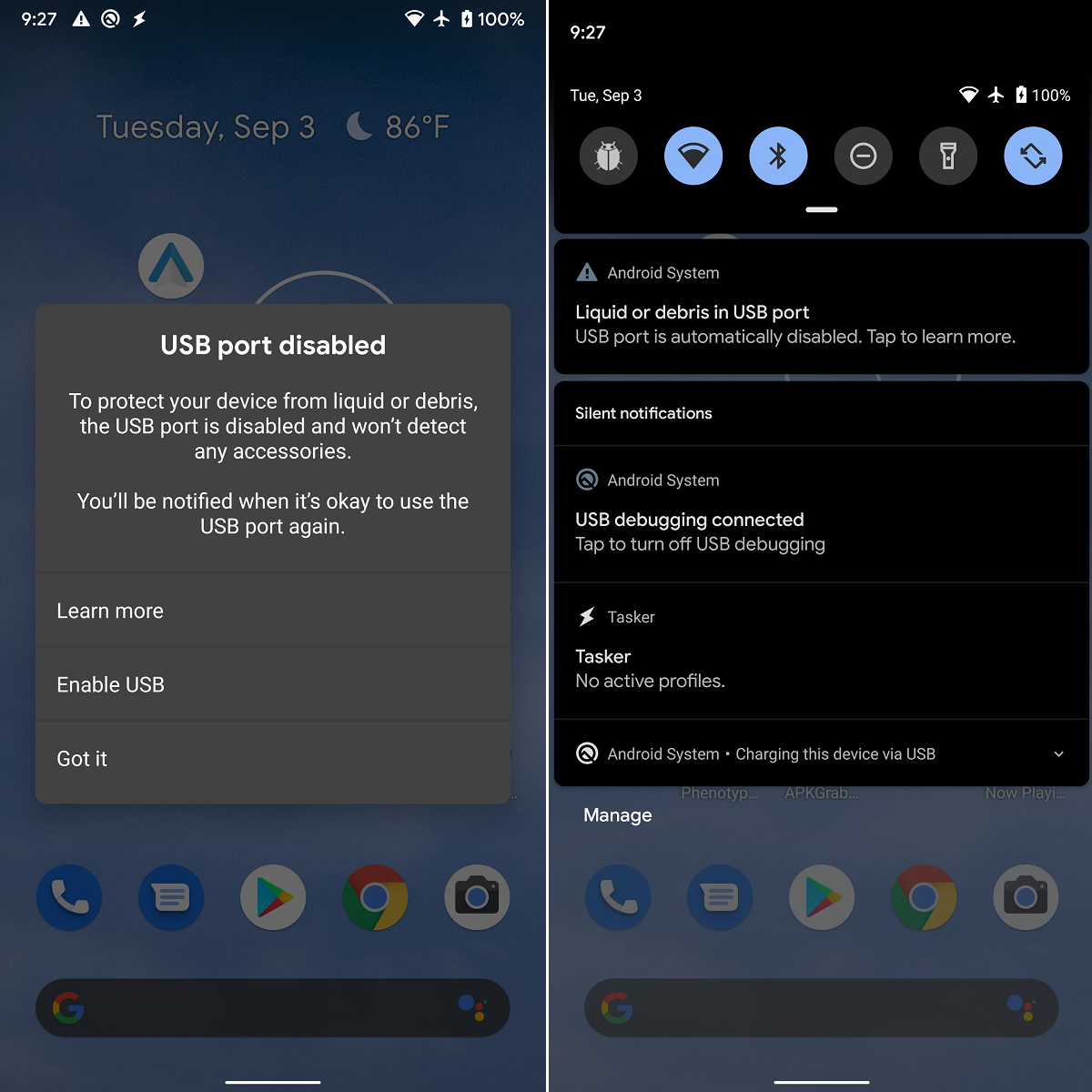 Android 10 memperingatkan jika ia mendeteksi partikel atau memanas pada port USB