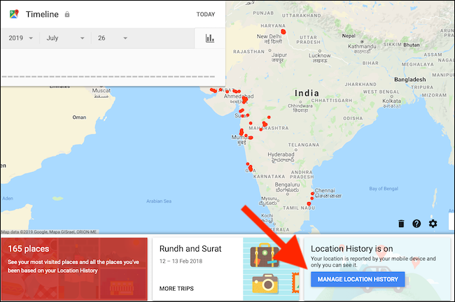 Klik tombol Kelola Riwayat Lokasi dari halaman Google Maps Timeline