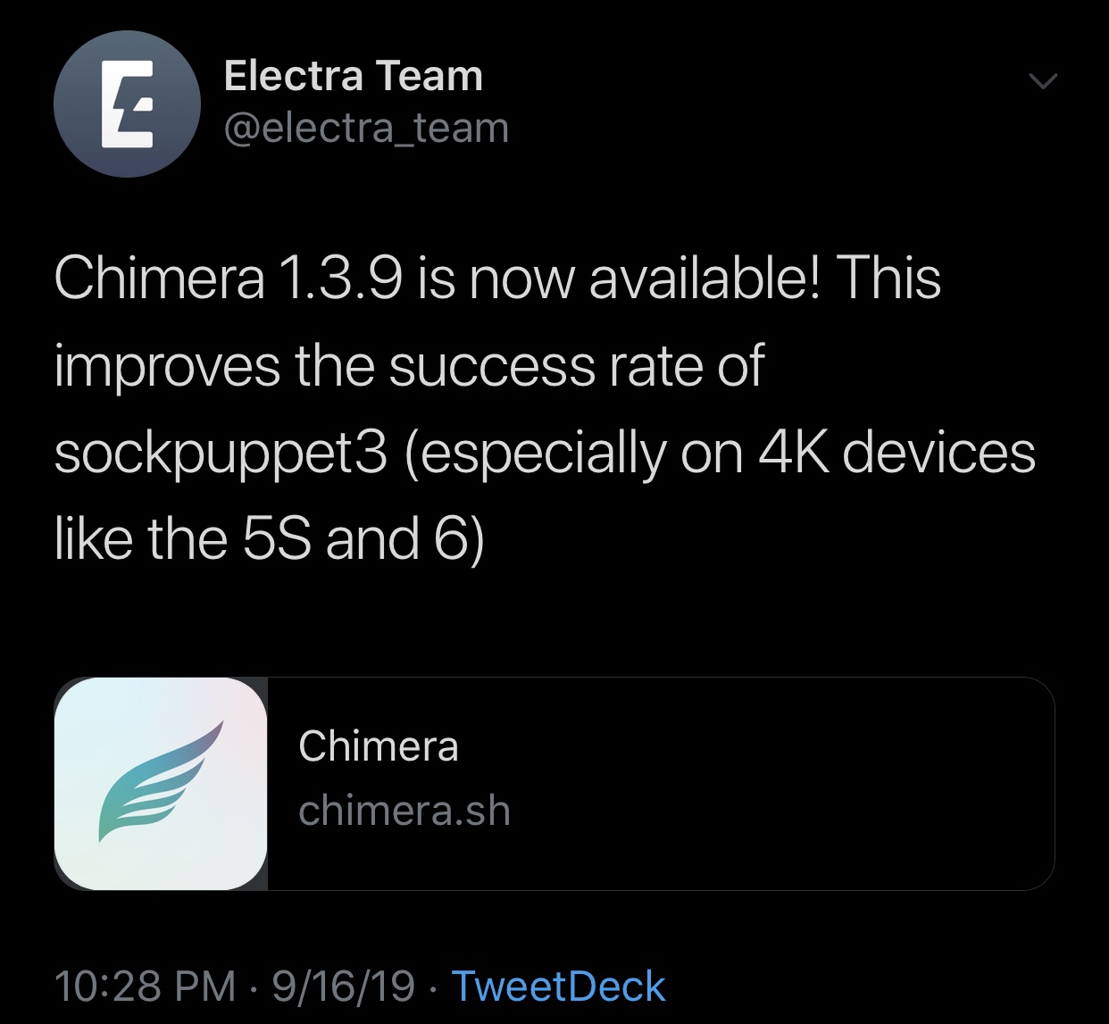 Chimera v1.3.9 dirilis dengan peningkatan keandalan operasional pada perangkat 4K 3