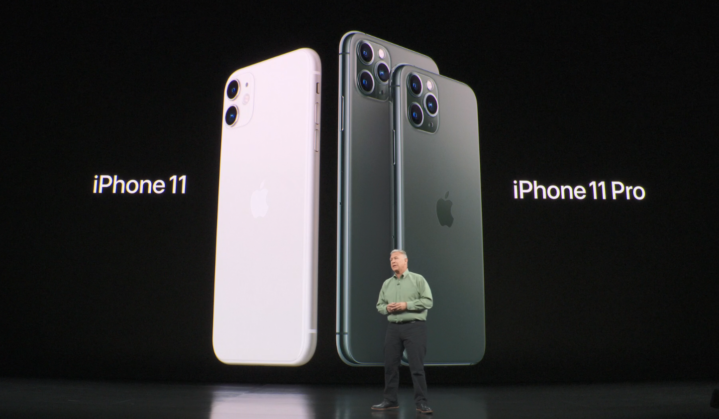  Fitur mode malam di ketiga iPhone baru, iPhone 11 (kiri), iPhone 11 Pro (kanan, lebih kecil) dan iPhone 11 Pro Max (kanan, lebih besar)