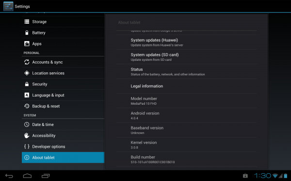 Huawei MediaPad 10 FHD: systemrendering (Android 4.0.4 B010)