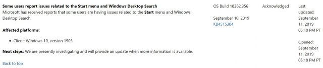 Bản vá mới nhất của Microsoft Windows 10 Tìm kiếm trên màn hình, Menu bắt đầu, Âm thanh 2