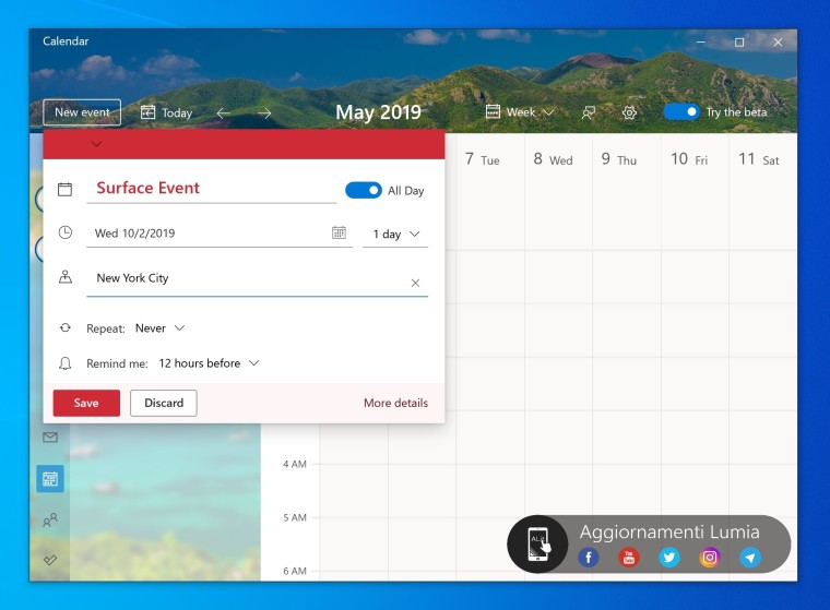 Screenshot bocor baru Windows 10 aplikasi Kalender