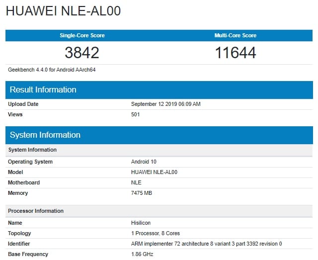 Huawei NLE-AL00 с Кирин 990 на Geekbench