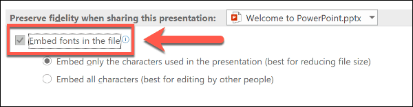 Opsi embed font dalam PowerPoint