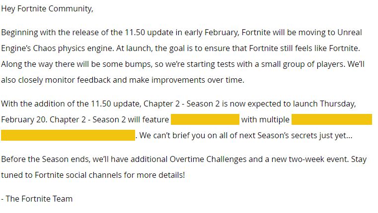 Epik mengkonfirmasi Fortnite Tanggal mulai Musim 2 dan perubahan v11.50 2