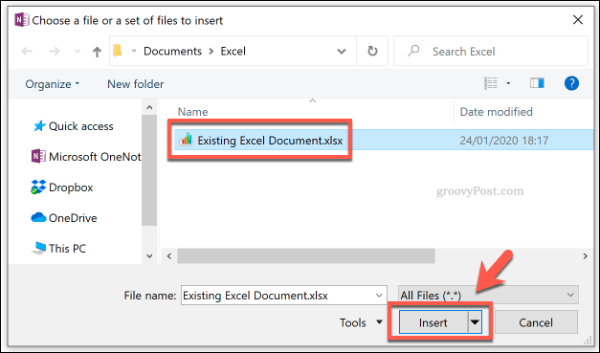 Tambahkan file Excel sebagai lampiran di OneNote