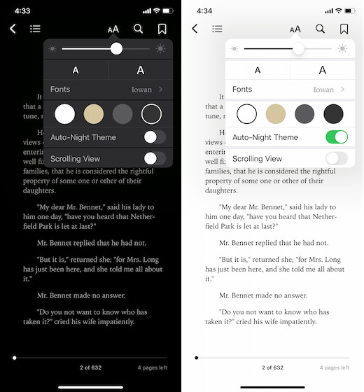 Switch antara tema gelap dan terang di Apple buku di iPhone dan iPad