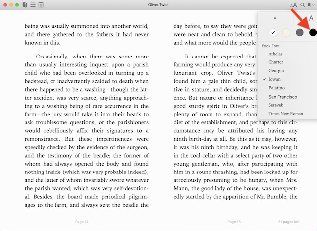 Klik pada tema gelap di menu di Apple Buku untuk macOS