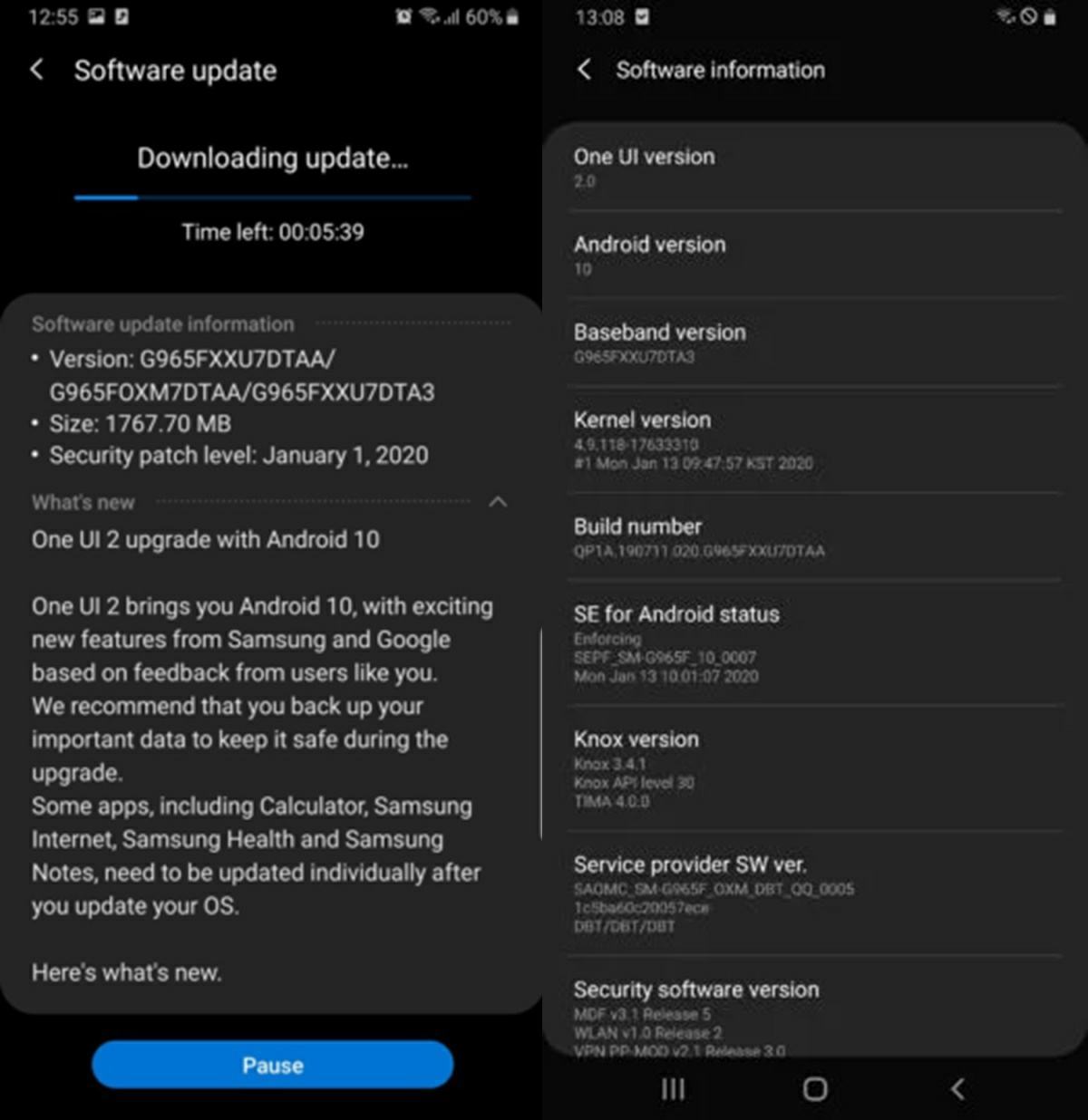 Uppdateringsinformation för Android 10 Galaxy S9 