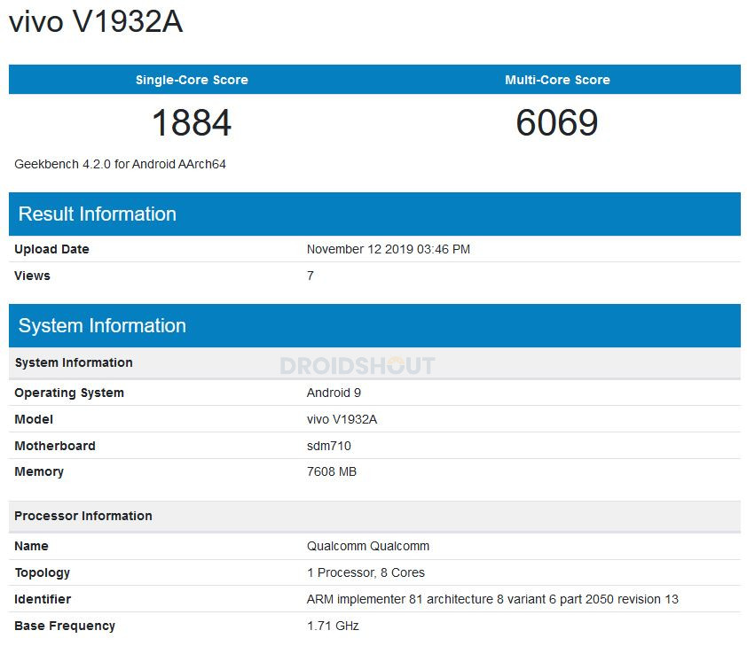 Vivo S5 sett på Snapdragon 712 SoC Geekbench Running och 8 GB RAM