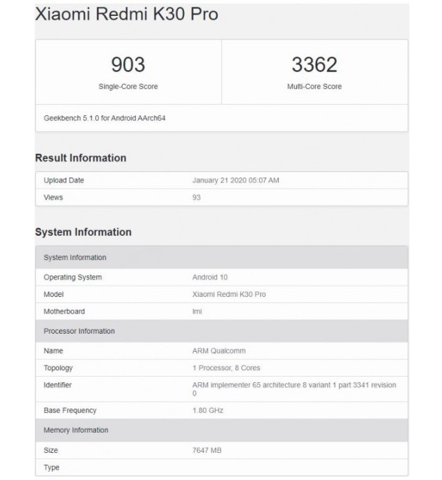 Redmi K30 Pro di Geekbench: Baru untuk Mendapatkan 8GB RAM dan Snapdragon 865 Chipset 1