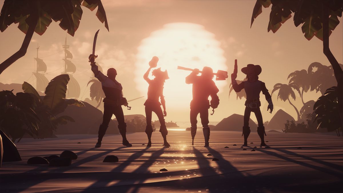 Sea of ​​Thieves - empat pemain dengan matahari terbenam di belakang mereka