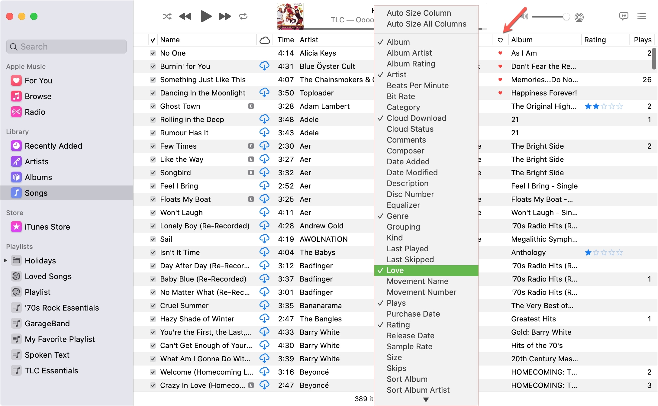 Urutkan berdasarkan lagu-lagu yang menyukai musik di Mac