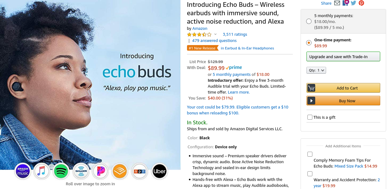 Amazon: Giảm giá giảm giá Echo Buds đầu tiên bằng $ 90 (Giảm $ 40) 1