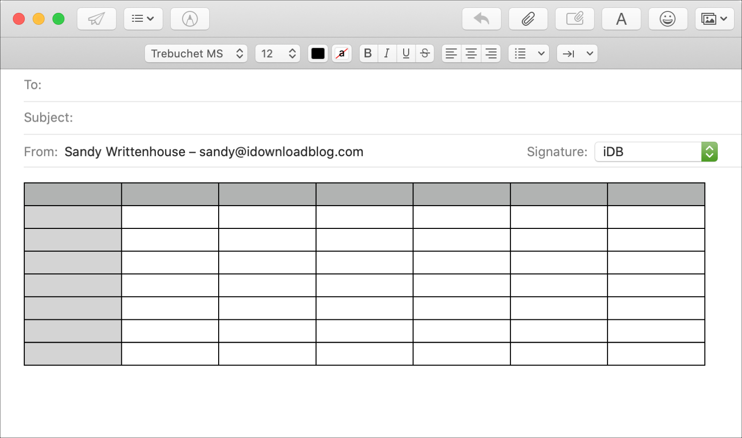 Infoga en tabell i ett e-postmeddelande i Mac Mail
