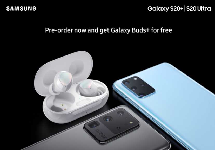 Hình ảnh quảng cáo đã bị rò rỉ xác nhận rằng thứ tự trước của Galaxy S20 Plus hoặc S20 Ultra sẽ đi kèm với một cặp Samsung Galaxy Nụ miễn phí Plus 1