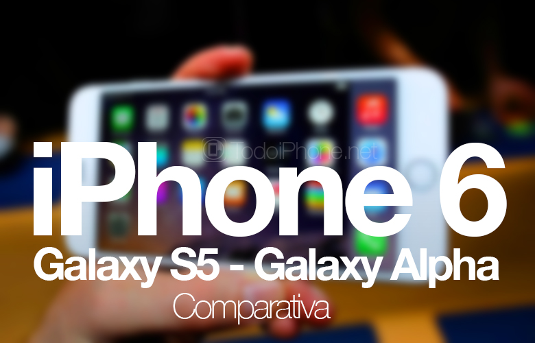 Perbandingan antara iPhone 6 dari Apple di depan Galaxy S5 dan Galaxy Samsung Alpha 2