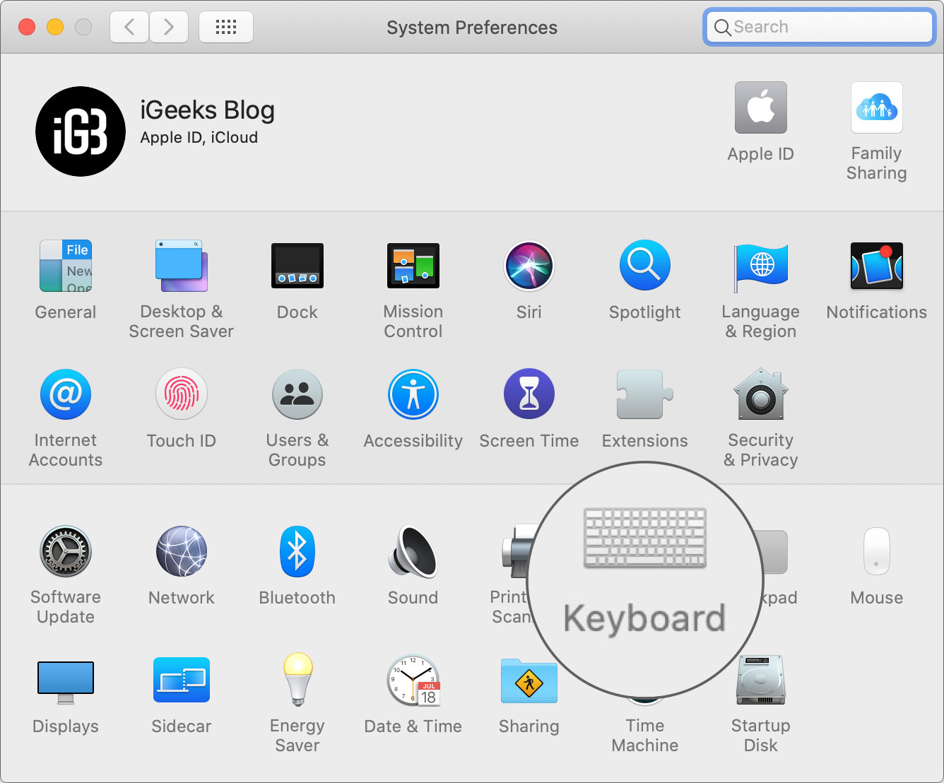 Klik Keyboard di Preferensi Sistem Mac