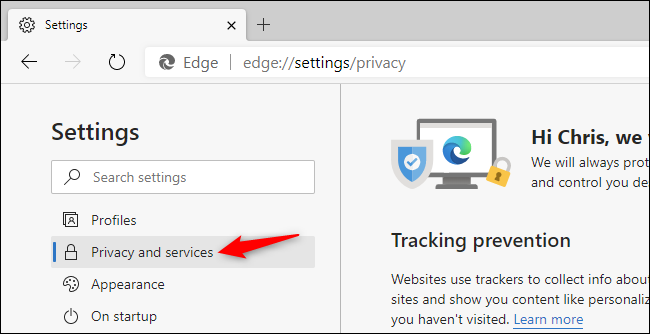 Memilih pengaturan Privasi dan layanan di browser Edge berbasis Chromium.