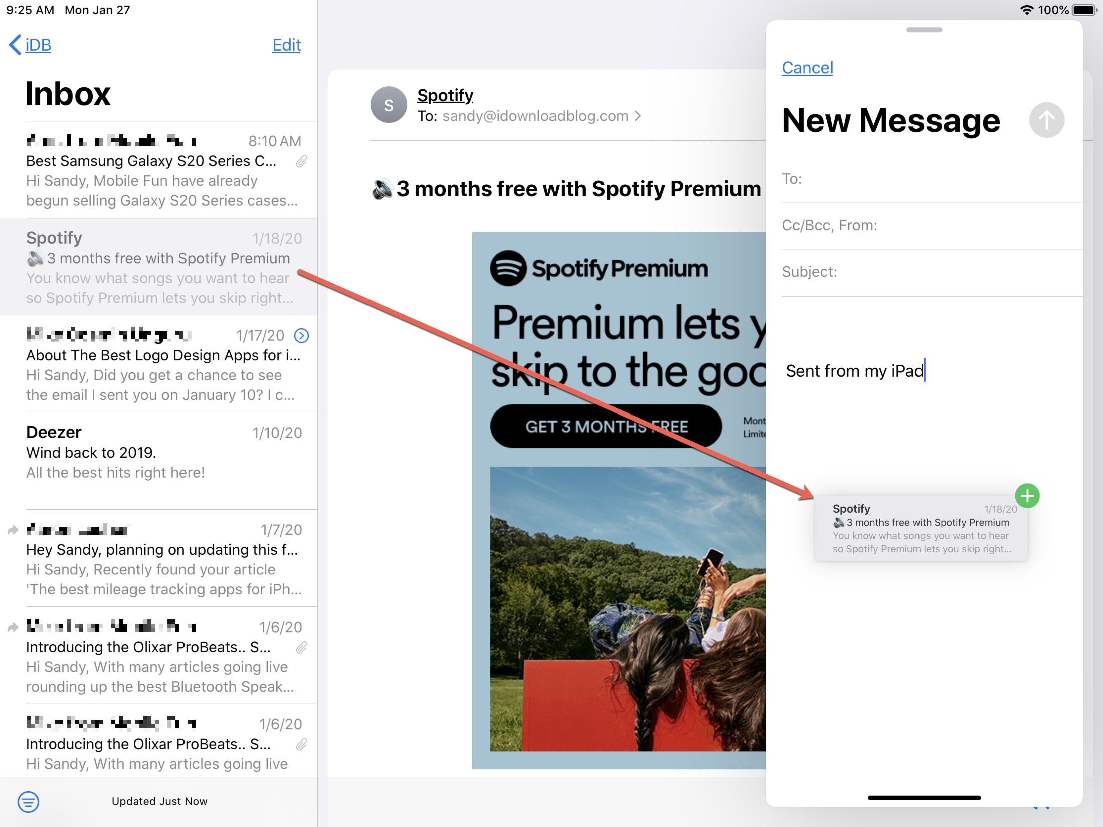 Электронная почта Добавить вложения электронной почты Слайд iPad поверх