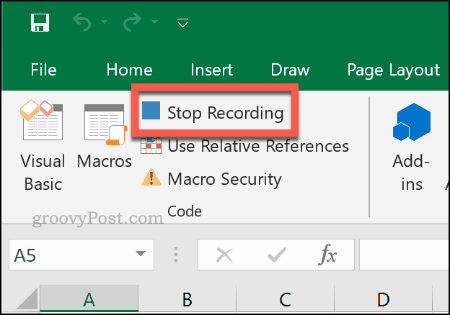 Hentikan tombol perekaman untuk berhenti merekam makro di Excel