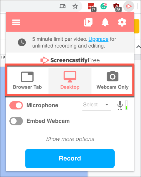 Tekan Screencastify dan pilih opsi perekaman pilihan Anda