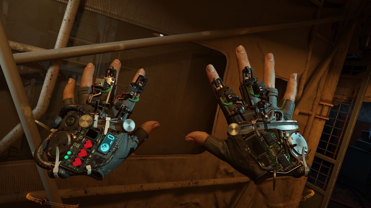 Tampilan tangan orang pertama yang memakai Gravity Gloves dalam tangkapan layar dari Half-Life: Alyx.