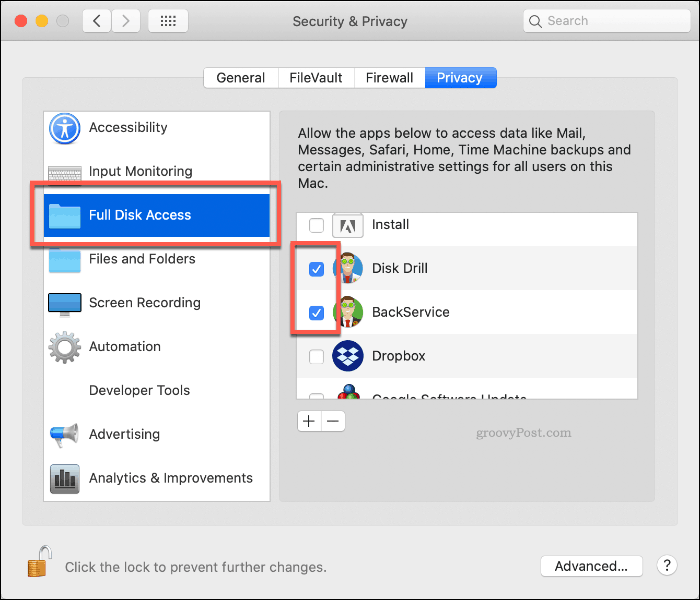 Otorisasi akses drive penuh ke Disk Drill pada macOS