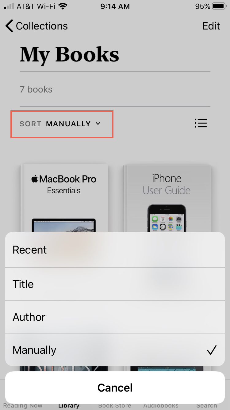 Terapkan Perpustakaan Buku iPhone. Urutkan berdasarkan