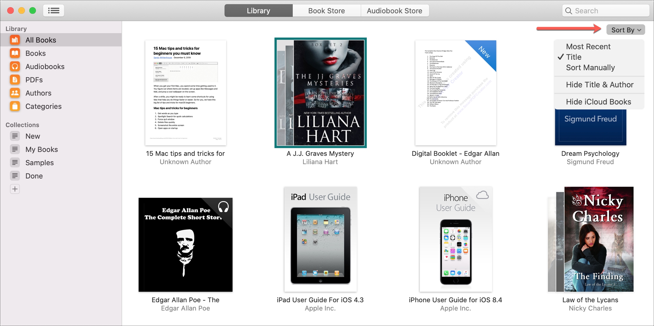 Apple Perpustakaan buku Mac diurutkan berdasarkan