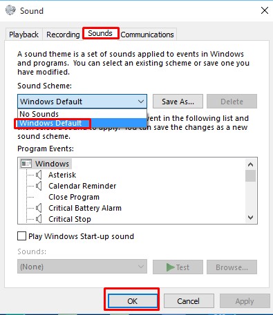 Откройте вкладку «Звуки» и выберите «Windows По умолчанию »под звуковой схемой