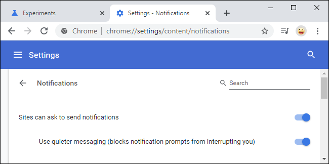 Mengaktifkan opsi perpesanan Google Chrome yang lebih tenang untuk notifikasi di Pengaturan.
