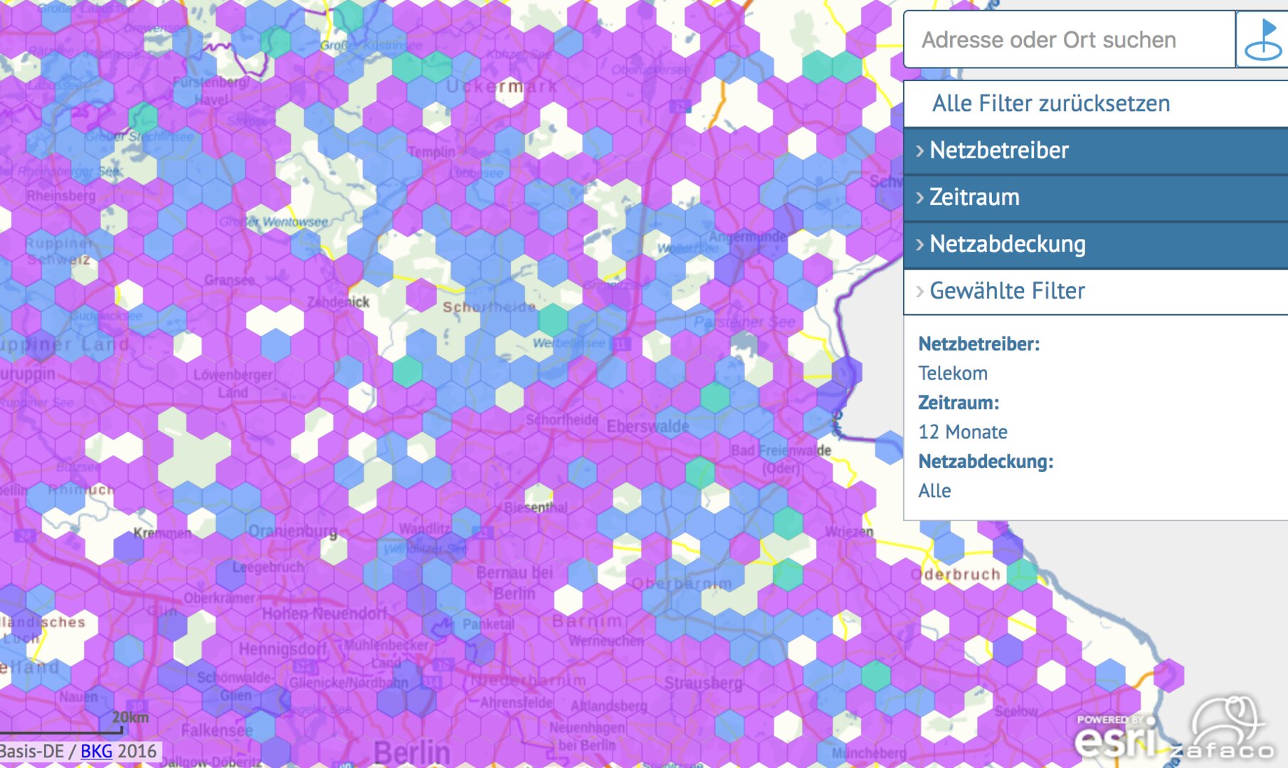 Телеком к северу от Берлина: фиолетовый соответствует LTE, остальное медленнее